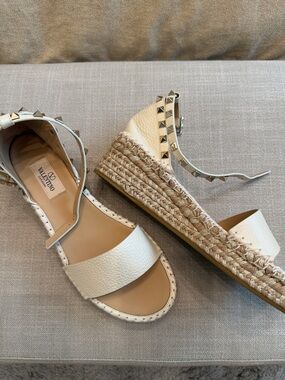 Valentino Cream Leather Rockstud Espadrille Wedge Sandals
